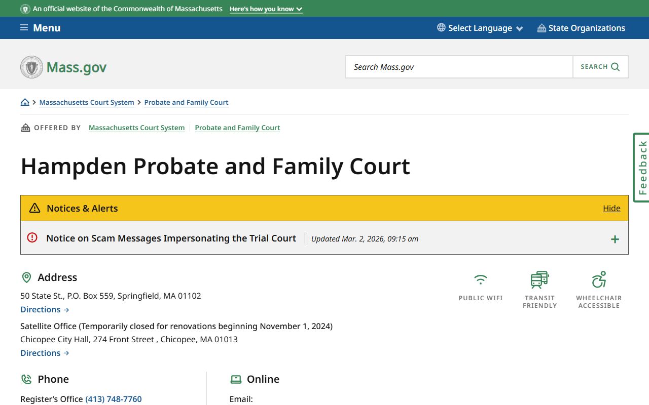 Springfield Hampden County Probate and Family Court divorce records page