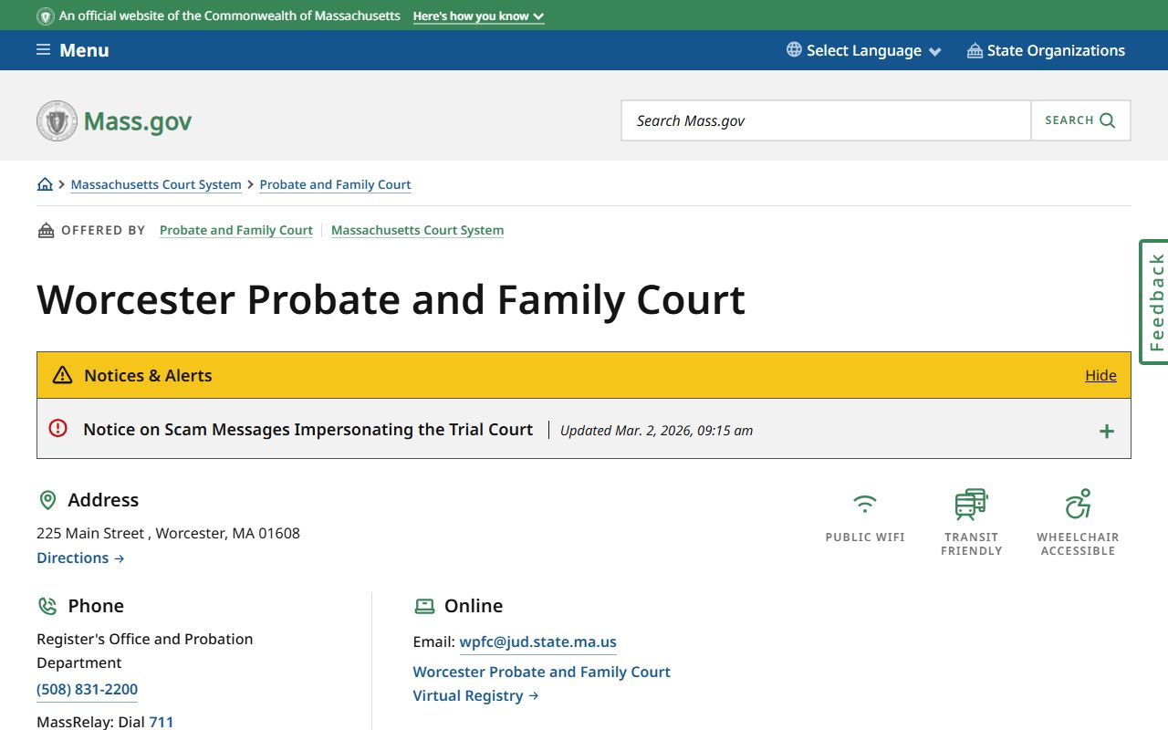 Worcester Probate and Family Court page for divorce records