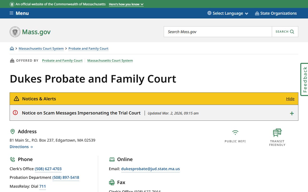 Dukes County Probate and Family Court website for divorce records