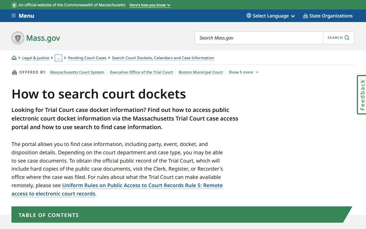 How to search Massachusetts court dockets for divorce records