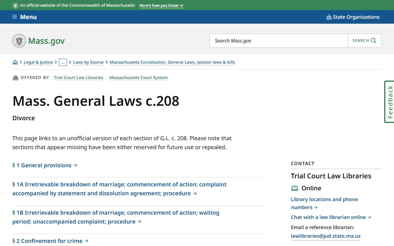 MGL Chapter 208 sections for Massachusetts divorce records