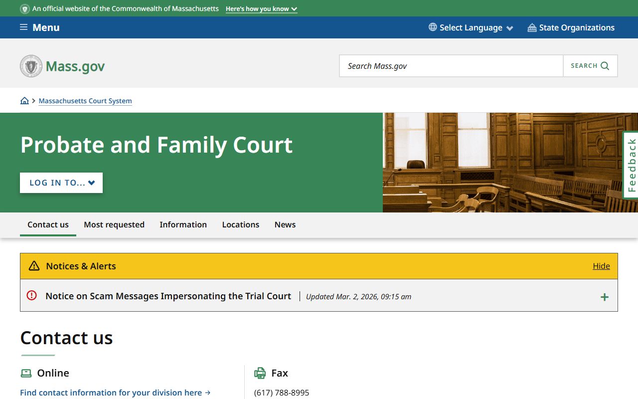 Massachusetts Probate and Family Court page for divorce records