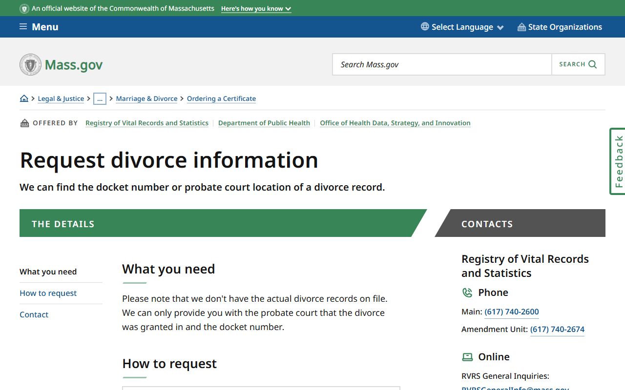 RVRS divorce information request for Massachusetts divorce records